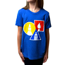 Load image into Gallery viewer, Blue polyester blend t-shirt with Art for Kids Hub Logo
