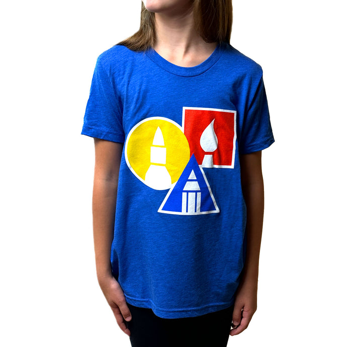 Blue polyester blend t-shirt with Art for Kids Hub Logo